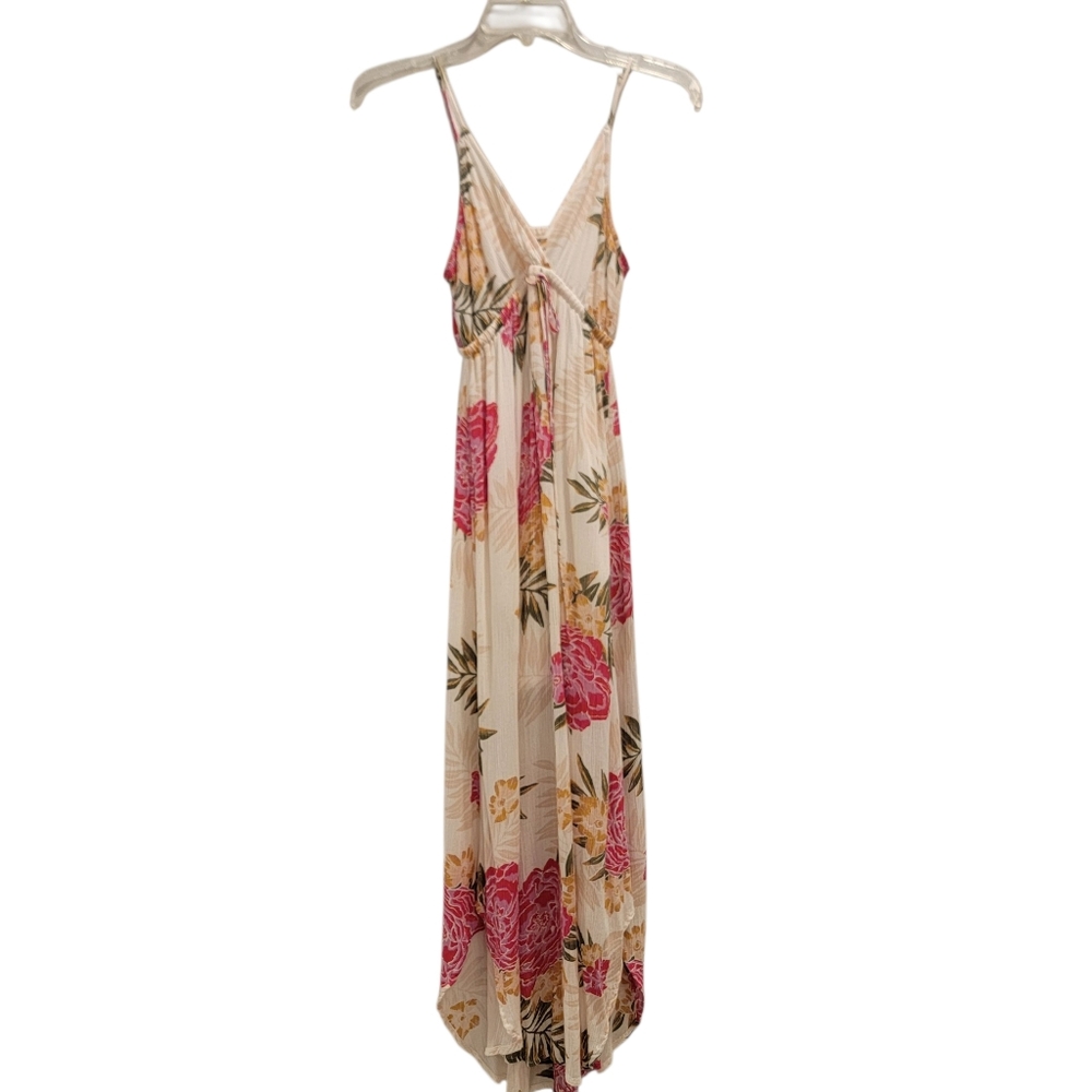 Billabong Cream and Tan Floral Sun Dress Boho Beach Spaghetti Strap